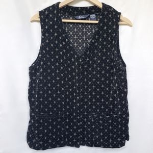 90s Black Velvet Vest Boho Geometric Pattern Pockets Zipper Vintage DPS